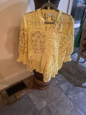 Sundance Yellow Crochet Lace Button-Front Blouse with Camisole